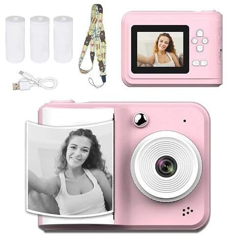 Kids Instant Print Camera with Thermal Printing, Digital Photo & Video Camera, USB Rechargeable Mini Camera, Type-C, 3 Paper Rolls, Educational Toy Gift for Boys & Girls (PINK)
