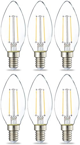 Amazon Basics LED-Leuchtmittel in Kerzenform, kleines Edison-Schraubgewinde (E14), 2.1 W (entspricht 25-Watt-Birne), klares Filament, nicht dimmbar, 6 Stück, Warmweiß
