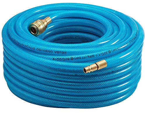 DEUBA® 30m Air Compressor Hose | 1/4 Inch Connection | 15 Bar Pressure Capacity | Flexible Rubber with Fabric Reinforcement | Pre-Assembled with Quick Coupling | Durable & Versatile | Blue