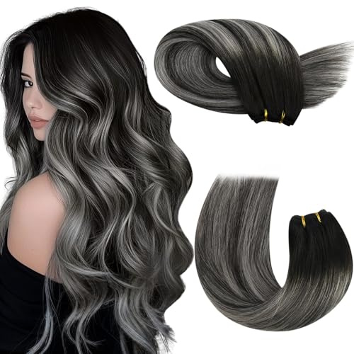 Moresoo Tressen Echthaar Schwarzwurzeln zu Silber mit Schwarz 40 cm 100g Echthaar Weft Extensions Glattes Tressen Extensions Echthaar #1B/S/1B