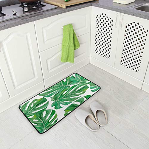 Mnsruu White Green Monstera Leaf Area Rug Rugs Floor Mat for Kitchen Room 50 x 100 cm(1.7' x 3.3')