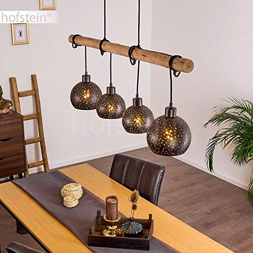 HOFSTEIN Pendelleuchte Imana 4-flammige Deckenlampe aus Metall in Schwarz/Kupferfarben, Vintage Look, Pendellampe mit Holz in Natur für Esszimmer, Küche, 4 x E27, höhenverstellbar bis max. 120 cm