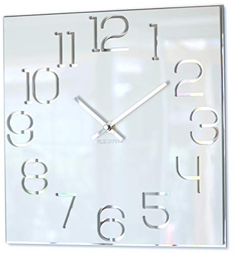 FLEXISTYLE Orologio da parete quadrato Digit diametro 30 cm, senza ticchettio, moderno, design in vetro acrilico e specchio acrilico, soggiorno, camera da letto (bianco)