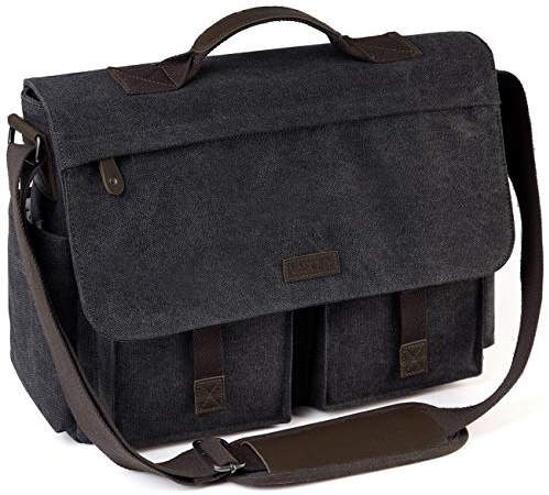 17inch Laptop Messenger Bag, VASCHY Men's Vintage Water Resistant Canvas Satchel Briefcase Shoulder Bag for Work with Padded Shoulder Strap Gray