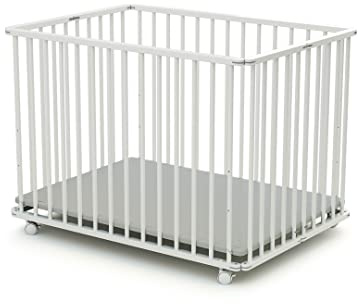 WEBABY - Laufstall Baby Faltbar Holz mit rollen und matte70x100 Weiß | Faltbarer Laufstall | 3 Stufen Höhenverstellbar | Waschbarer Boden | Für Kinder bis 24 Monate