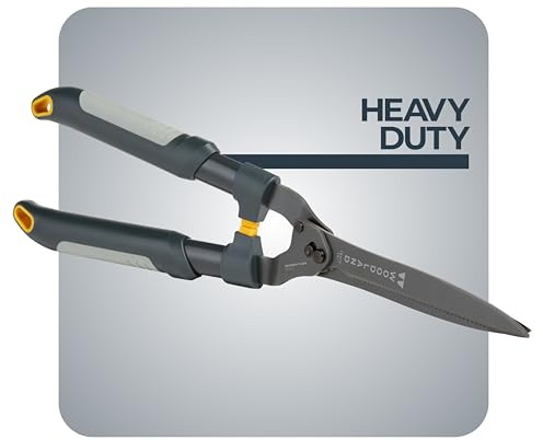 Woodland Tools Heavy Duty Hedge Shears, 23 Inch Manual Hedge Clippers with 10 Inch Lever-Assist Blades and Non Stick Coating, Branch Trimmer for Dense Shrubs and Overgrown Hedges