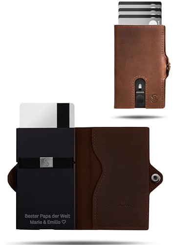 SLIMJACK Smart Wallet mit Gravur Wunschtext - Kreditkartenetui mit RFID-Schutz - Geldbeutel für Herren - Slim Wallet mit Münzfach - Smart Wallet für Karten & Münzen - Dunkelbraun