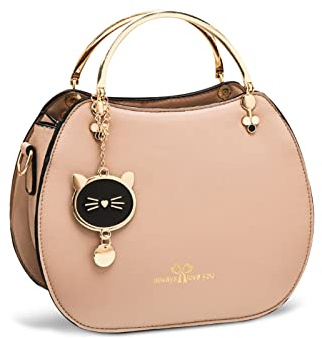 NICOLE & DORIS Bolso Bandolera Redondo Mujer Bolso Pequeño Bolsos de Mano Crossbody Lindo Bolsa Cruzado Bolsa de Mensajero para Niñas Bolsos de Fiesta Pochette con Gato Colgante Caqui