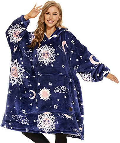 THREE POODLE Sudadera Manta con Capucha, Oversize Bata Manta Polar Mujer para Niños, con Capucha Ultra Suave y Cálida, Sudadera para Mujer, Hombre y Niño, Regalo - Size A, Luminous Blue Star