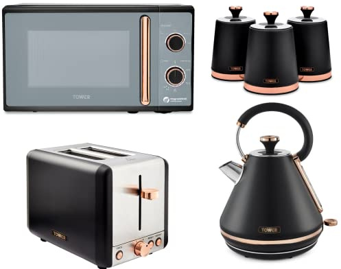 Tower Cavaletto Black & Rose Gold 1.7L 3KW Pyramid Kettle, 2 Slice Toaster, 800W 20L Microwave & 3 Tea, Coffee & Sugar Canisters. Contemporary Matching Kitchen Set of 6 in Black & Rose Gold