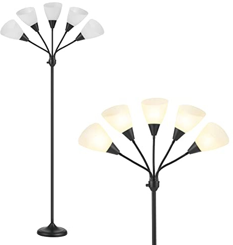 HonoDing Lampadaires Medusa Lampadaire 5 têtes Lampe de lecture réglable Grand abat-jour Utilisation d'ampoules E27 A19 Lampadaires pour salon et chambre à coucher (Noir)
