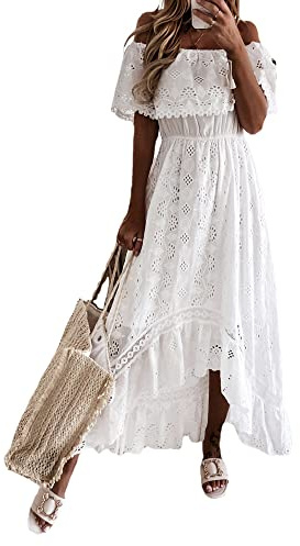 Yoisdtxc Women's Summer Casual Lace Hem Dress Deep V Neck Sleeveless Beachwear Spaghetti Straps Backless Ruffle Mini Dress (C-White, M)