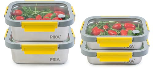 Pika|Lot 4 boites alimentaires inox, couvercle verre Compatible micro-ondes