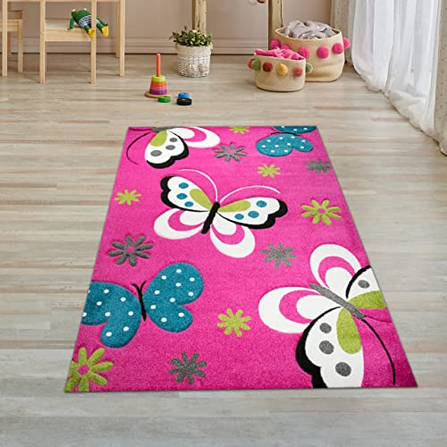 Teppich-Traum Lebhafter Schmetterling-Teppich für Kinderzimmer ● robust & langlebig ● pink, 80 x 150 cm