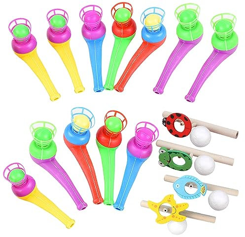 12PCS Bolas De Tubo De Soplado Flotantes,Biluer Juegos de Pelota Flotante With 4PCS Juego de Pelota Flotante de Madera,Juguetes Retro Para Niños,Regalos para Niños (Color Aleatorio)