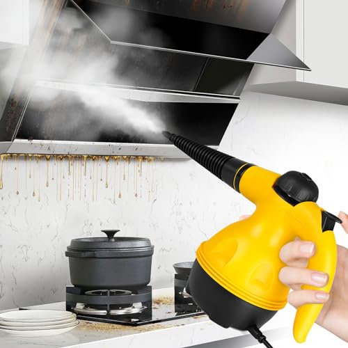 Nettoyeur à Vapeur à Main Polyvalent Portatif 900-1050 W Réservoir d'Eau 350ML avec Accessoires 9 Pièces pour Eliminer les Taches de Rideau Vitre Sièges d'Auto Sofa (Jaune) (Jaune)