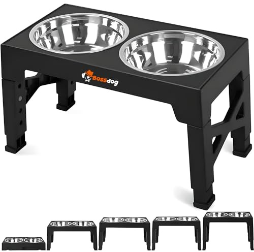 Bossdog Adjustable Elevated Dog Bowls With Stand | Premium Dog Feeding Station Raised Dog Bowl Stand With Adjustable Height and Non-Slip Design | Features Two Stainless Steel Dog Feeding Bowls (Black)