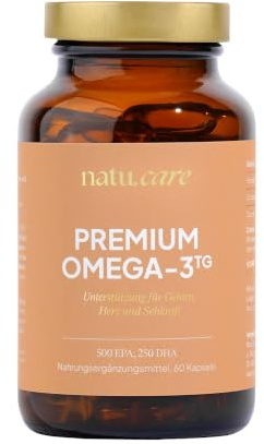 natu.care - Premium Omega-3-60 capsule Acidi grassi ad alto dosaggio (EPA e DHA) 750 mg - Olio di pesce - Forma trigliceride - Biodisponibilità - Testato in laboratorio - Da pesca sostenibile