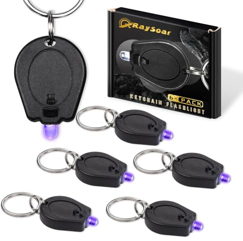 RaySoar 6 Pack 395nm Mini UV LED Keychain Flashlight UV Keychain Light Black Light for Detections