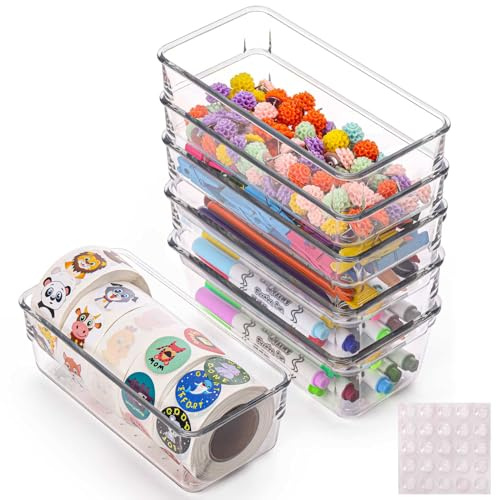 Ohlove 6Pcs Clear Plastic Drawer Organizers Tray 6 x 3 Storage Bins with 25Pcs Non-slip Pads for Makeup, Jewelries, Kitchen Utensils, Bathroom and Office