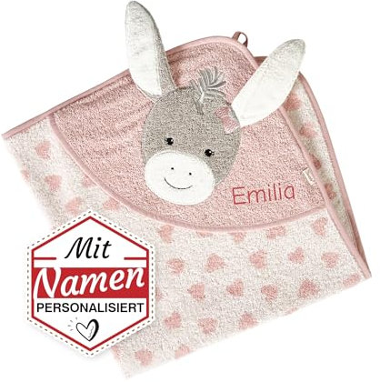 LALALO Sterntaler Kapuzenhandtuch Emmi Girl mit Namen Bestickt für Mädchen, Frottee Baby Badetuch Badehandtuch/Rosa Kinder-Badetuch mit Kapuze personalisiert (80x80, Esel Motiv)