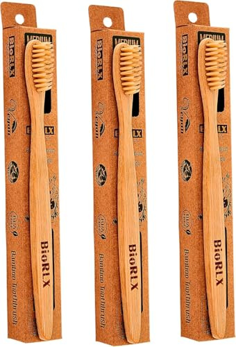 BioRLX Spazzolino da denti in bambù, biodegradabile, naturale, senza BPA, in legno, ecologico, compostabile e durevole (bambù, tre spazzole)