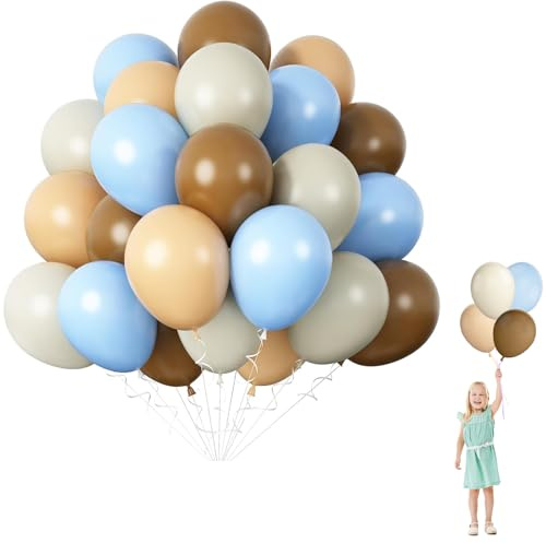 Luftballons Blau Beige, 60 Stück Blau Braun Grün Weiß Party Ballons, 100% Naturlatex, Geruchlos, Luftballons Geburtstag, 12 Zoll Latex Ballon für Junge Geburtstagsdeko Hochzeit Taufe Baby Shower Deko