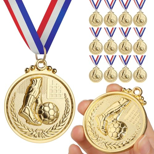 GeeRic 12 Piezas Medallas Niños Metal Futbol,Medallas para Niños Medallas de Metal Dorado Ganador de Estilo OlíMpico con Cintas para Niños y Adultos,Día del Deporte Escolar
