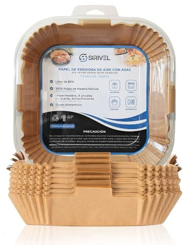 SIRIVEL Papel de Freidora de Aire con Asas, 100% Natural y Sin BPA, 100 Uds, 40g Grueso, 20-24 cm, Anti-Adherente, para Freidoras 5-7L Cuadradas (PC-20)