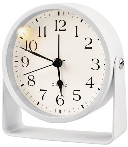 BORDEAG Réveil analogique silencieux avec lumière, horloge de table, réveil de chevet, 11,5 x 10,5 cm, blanc