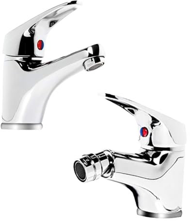 Kit 2 Rubinetti Bagno Lavabo e Bidet in Ottone Cromato, Coppia Miscelatori