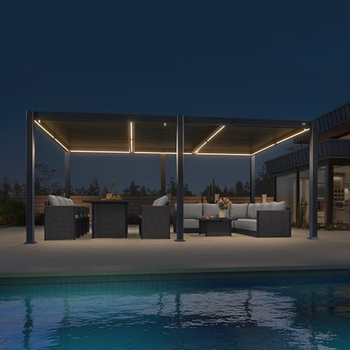 PURPLE LEAF Pergola 3.5 x 5.5 m Pavillon mit Verstellbaren-Lamellendach Terrassenüberdachung Wasserdicht Stabil Winterfest Voll-Aluminium Freistehend mit LED-Lichtleiste für Garten, Grau