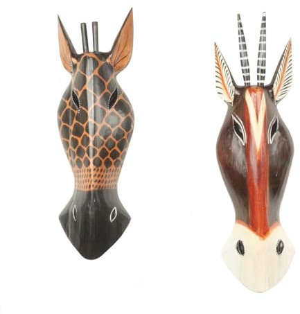 Oriental Galerie 2er Set Giraffe Antilope Wandmaske Holzmasken Maske Afrika Handgeschnitzte Exotische Tiermaske ca. 50 cm