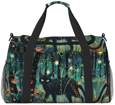 Reisetasche für Reisen, Mystical Black Cat Fireflies Weekender Overnight Seesack, Handgepäcktasche, Turnbeutel für Damen und Herren, persönliche Gegenstände, Reisetasche