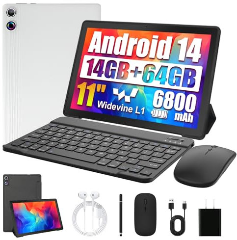 Ainmel Android 14 Tablet 11 Inch - Android Tablet with Keyboard 14GB 1TB Expand, Octa-Core Tablets 6800mAh, Widevine L1, WiFi 6, Face Unlock 2 in 1 tablet with Mouse, Case, Charger (White)