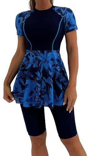 FYMNSI Swim Dress Modest Swimsuits for Women High Neck Bathing Suit Two Piece Tummy Control Swimdress with Boyshorts Printed Swimming Costume Short Sleeve Swimwear Beachwear Royal Blue M