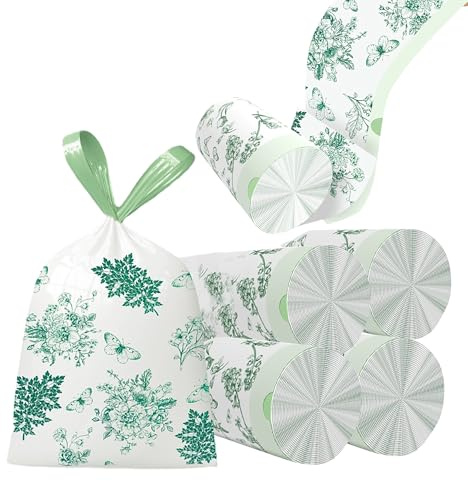 Lot de 240 sacs poubelle avec cordon de serrage anti-déchirure pour salle de bain, bureau, maison, chambre à coucher – Sacs poubelle avec imprimé vert (240 pièces)