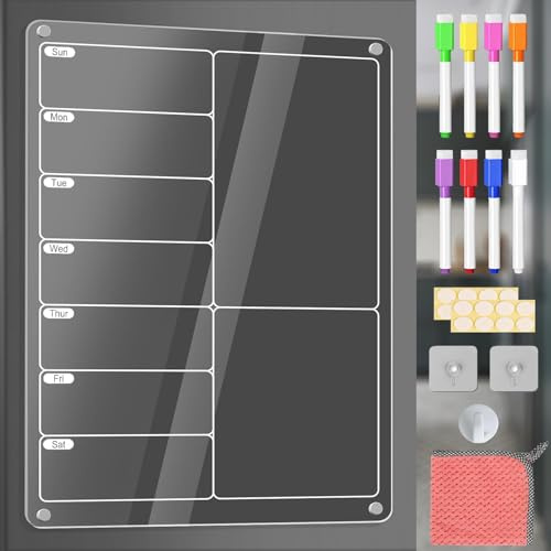 Get Classy Magnetic Acrylic Meal Planner – Weekly Menu Board for Fridge – Clear Dry Erase Calendar with 8 Markers – Grocery List, to-Do, Chore Chart & Shopping Organizer Noteboard