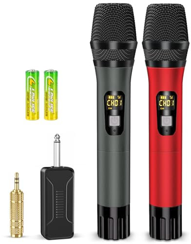 DigitConvert Kabelloses Mikrofon,UHF Funkmikrofone Dual Kabelloses Metall Dynamisches Mikro System mit wiederaufladbarem Empfänger Mikrofonset für PA System, DJs,Gesang, Reden,Kirche, Party, Hochzeit