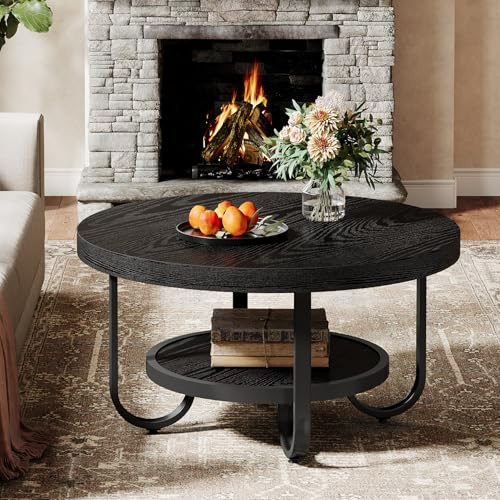 Tribesigns Runder Couchtisch, Industrial 2-stöckiger Sofatisch mit Lagerung Regale, 79 cm Mitte Tisch Sofa Beistelltisch mit stabilen gebogenen Metallbeinen für Wohnzimmer, Home Office (Schwarz)