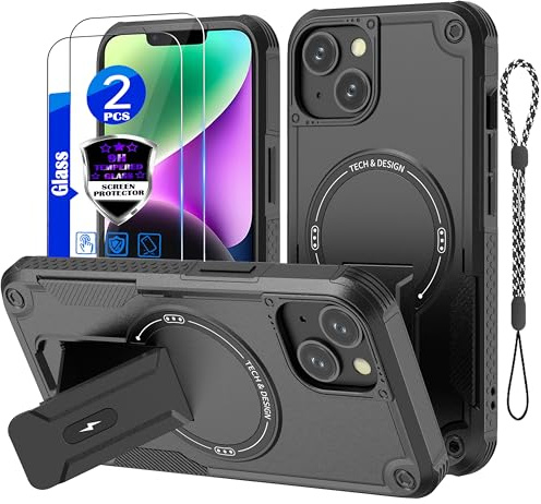 for iPhone 13 Case/iPhone 14 case[Compatible with MagSafe][with 2*9H Tempered Glass Screen Protector], Built in Invisible Stand, Not fading，Shockproof Protective Phone Cover 6.1-inch(Black)