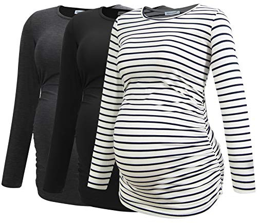 Smallshow kvinnors graviditet toppar långärmade graviditet kläder T-shirts 3-packningar,zwart/donkergrijs/witte strepen,XXL