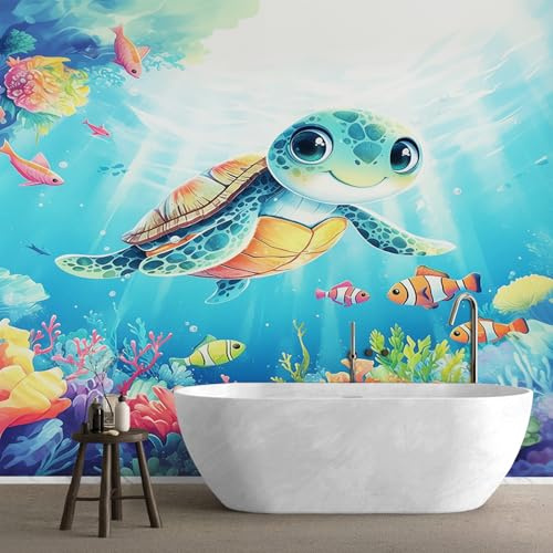 QEODAH 3D Tapete Schildkröte Schlafzimmer, Fototapete Unterwasserwelt Meer, Vliestapete Blau Orange, Tapeten Wohnzimmer, Kinder Meerestiere Wand Deko Kinderzimmer, Wandtapete, Mustertapete 400x280 cm
