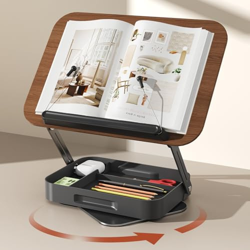 Buchständer zum Lesen mit Stauraum, verstellbarer Buchhalter mit um 360° drehbaren Sockeln, faltbarer Desktop-Ständer, elastische Clips für Kochbuch, Rezepte, Zeitschriften, Tablets, Laptops