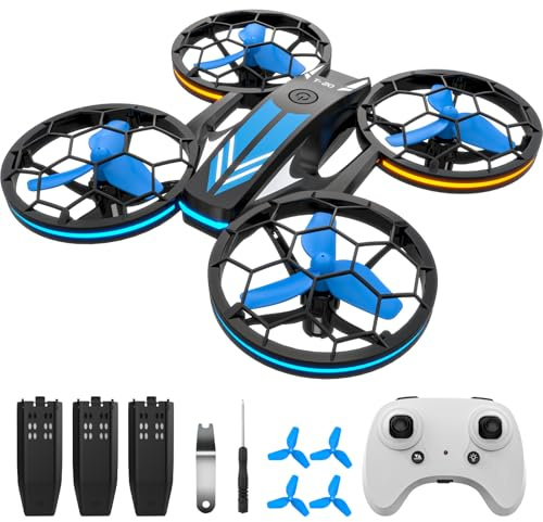 Drones – Drone RC avec maintien automatique de l'altitude et mode sans tête, quadricoptère avec éclairage LED, protection complète des hélices, vrilles 3D, 3 batteries, télécommande