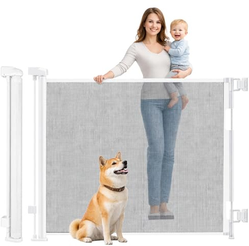 CROWNSHOP Retractable Mesh Stair Gate for Baby and Dog 140cm x 86cm White | One-Handed Retractable Safety Gate with Space-Saving Mesh, Ideal for Stairs, Doorways, Hallways and Indoor Dog Safety Use