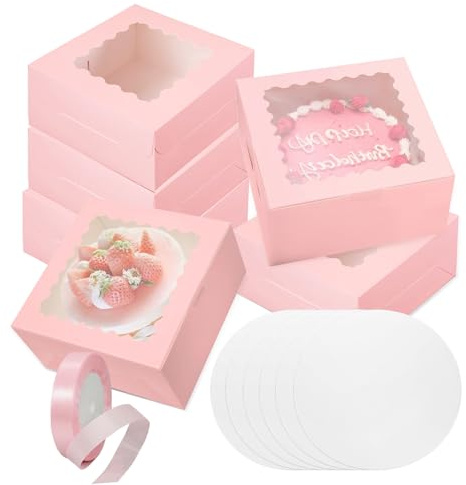 Cake Boxes, Bakery Cake Boxes With Window, 6 Pcs 10x10x5 inch Large Square Cake Pink Box with 6 Cake Round Boards 1 roll of pink ribbon, Boxes for Bakery Cookies Dessert Wedding Birthday Party