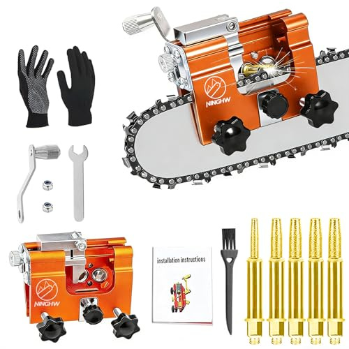 NINGHW Chainsaw Sharpener, Upgraded Chain Saw Sharpener Tool, Hand Crank Chainsaw Sharpening Kit with Ultra Sharp Tungsten Steel Bit, Gloves, Bag and Brush, Chainsaw Blade Sharpener Jig #798