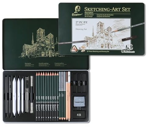Professionelles Skizzen-Zeichenset 27 Stück, Inkl. Bleistifte 2H-8B, Kohle, Zeichenkohle & Zubehör für Skizzieren, Schattieren – Ideal für Kunststudenten, Anfänger & Künstler (Geschenkbox)