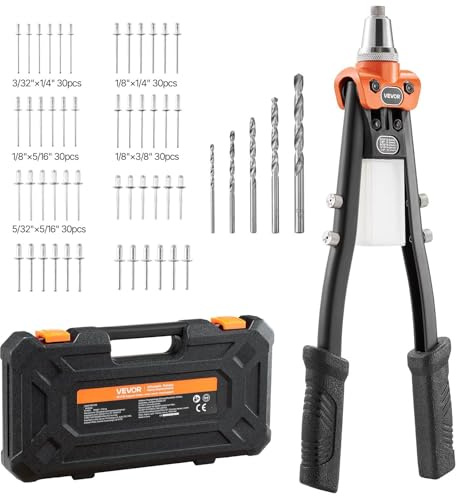 VEVOR Riveteuse Manuelle à Deux Mains, Kit d'Outils à Riveter Complet, pour Métal Automobile Maison, Pince à Rivet Aveugle avec 230 Rivets, 5 Embouts Interchangeables, 5 Forets et 1 Mallette